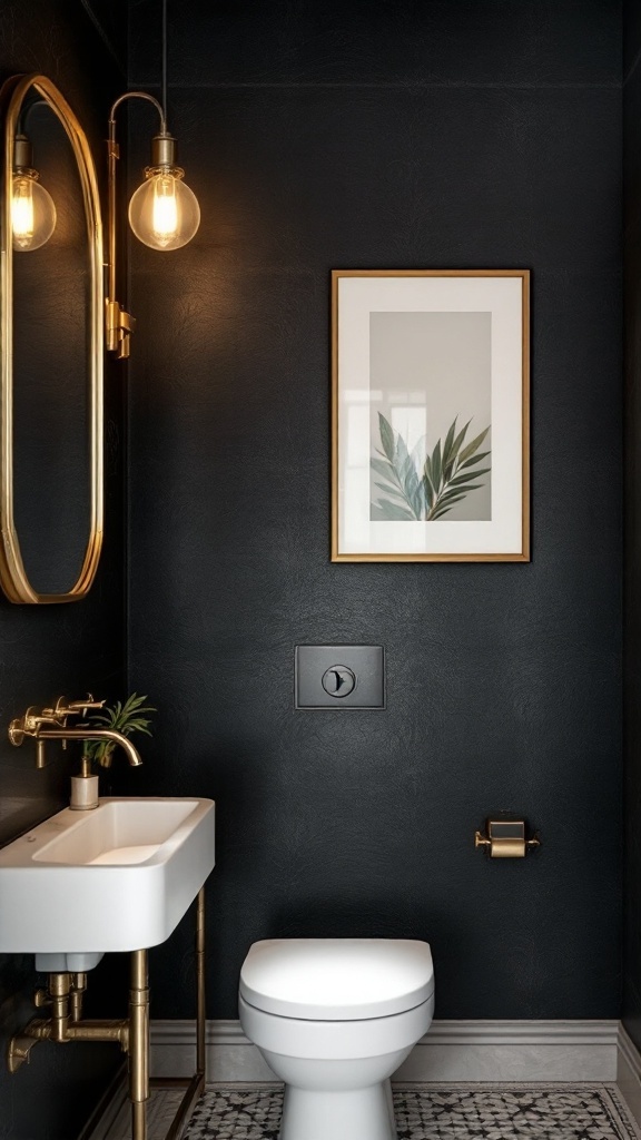 A bathroom with textured black wallpaper, gold fixtures, and a small plant for decor.