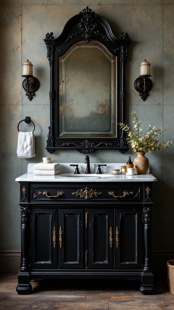 Black bathroom vanity with ornate mirror and decorative elements