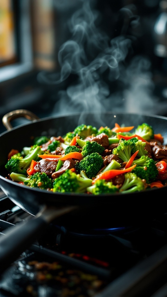 A colorful beef and broccoli stir-fry with vibrant vegetables cooking in a pan.