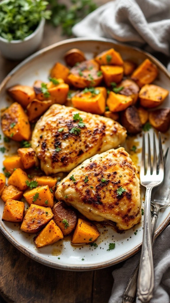 Crispy baked chicken thighs with roasted sweet potatoes.