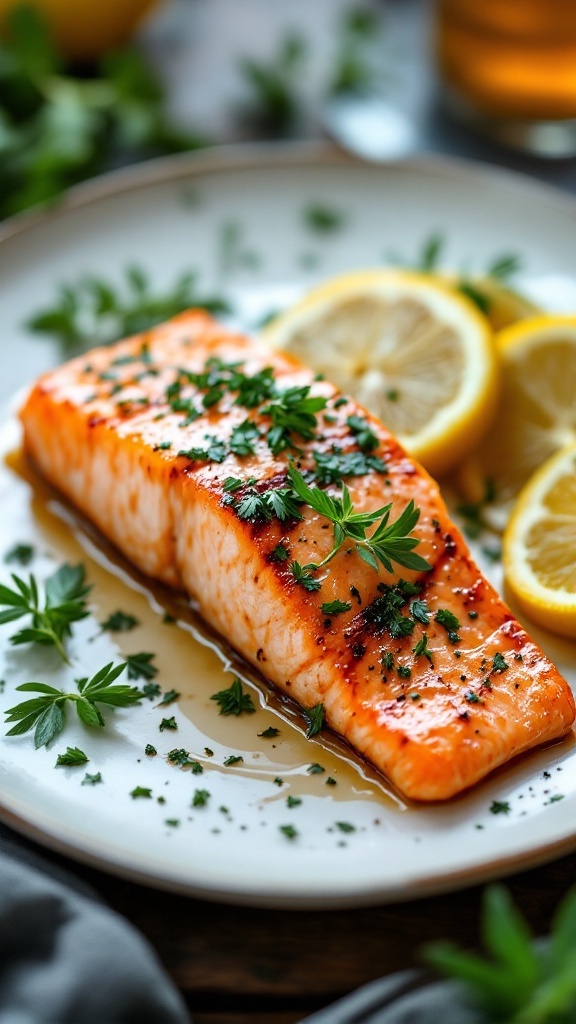 Grilled salmon fillet garnished with herbs and lemon slices.