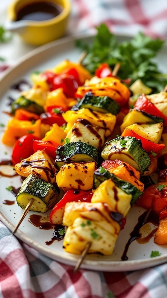 Colorful grilled vegetable skewers with balsamic glaze.