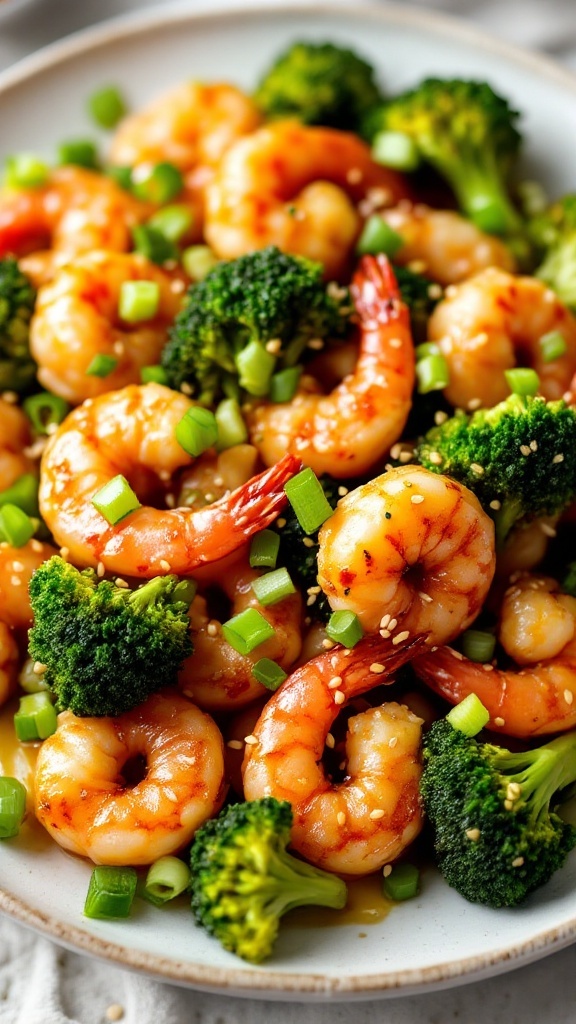 A plate of honey garlic shrimp with broccoli, garnished with green onions