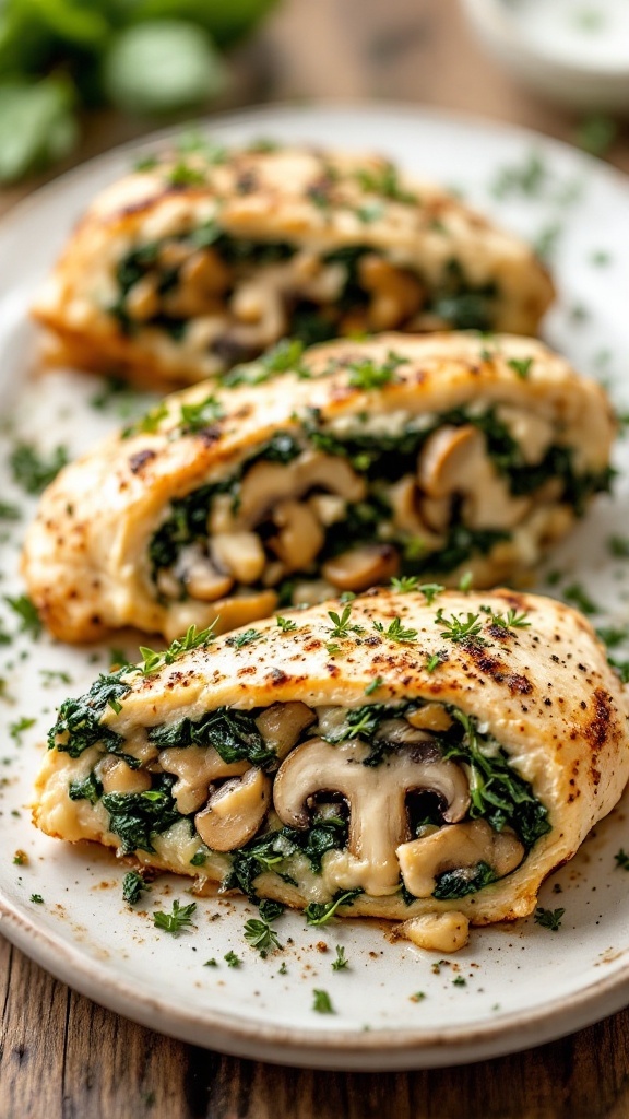 Mushroom and spinach stuffed chicken breasts on a plate