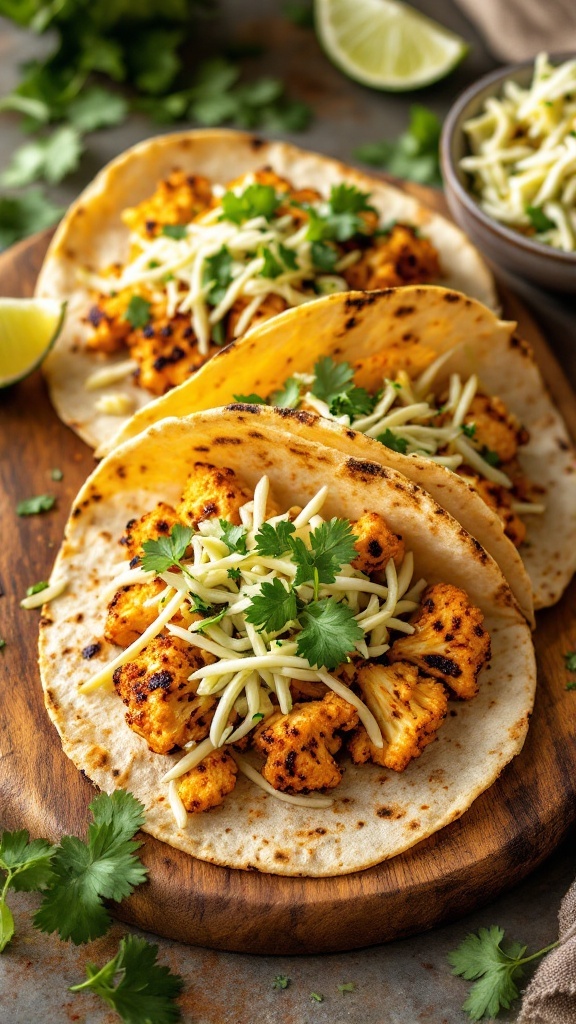 Roasted cauliflower tacos with cilantro lime slaw, garnished with cilantro and served on a wooden platter.