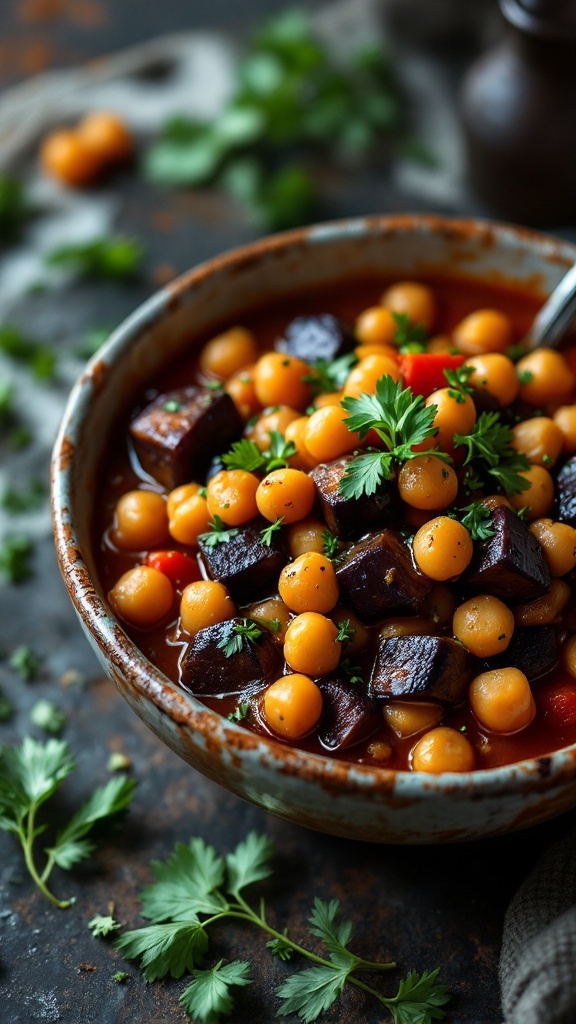 A bowl of savory eggplant and chickpea stew garnished with herbs, showcasing a hearty and flavorful meal.