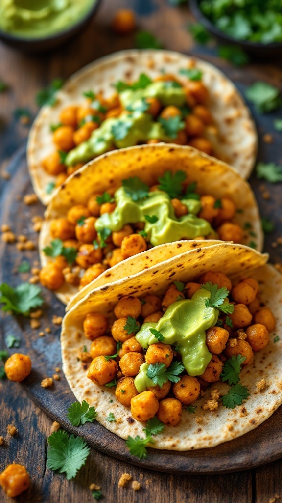 Spicy Chickpea Tacos served on a wooden plate with avocado sauce and cilantro