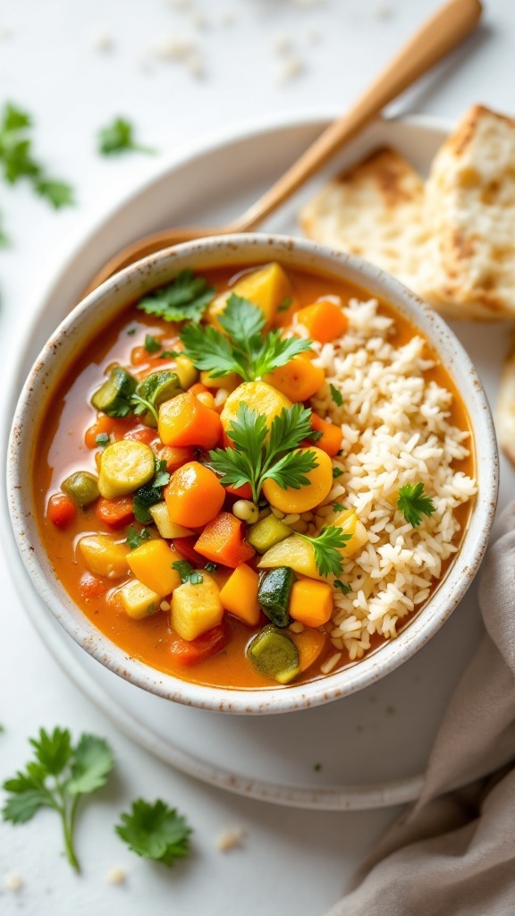 A bowl of Thai coconut curry with rice and vegetables, garnished with cilantro.