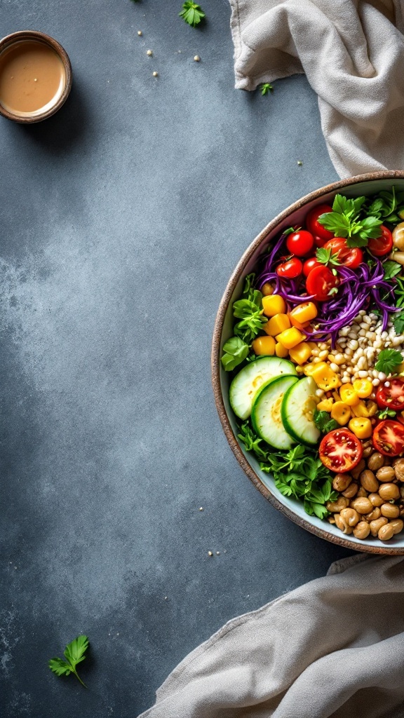 A vibrant vegetarian Buddha bowl with assorted fresh vegetables and tahini dressing.