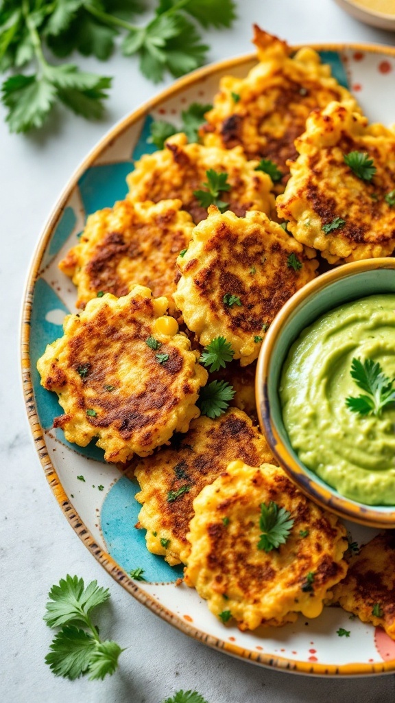 Zucchini and corn fritters served with avocado dip, garnished with cilantro