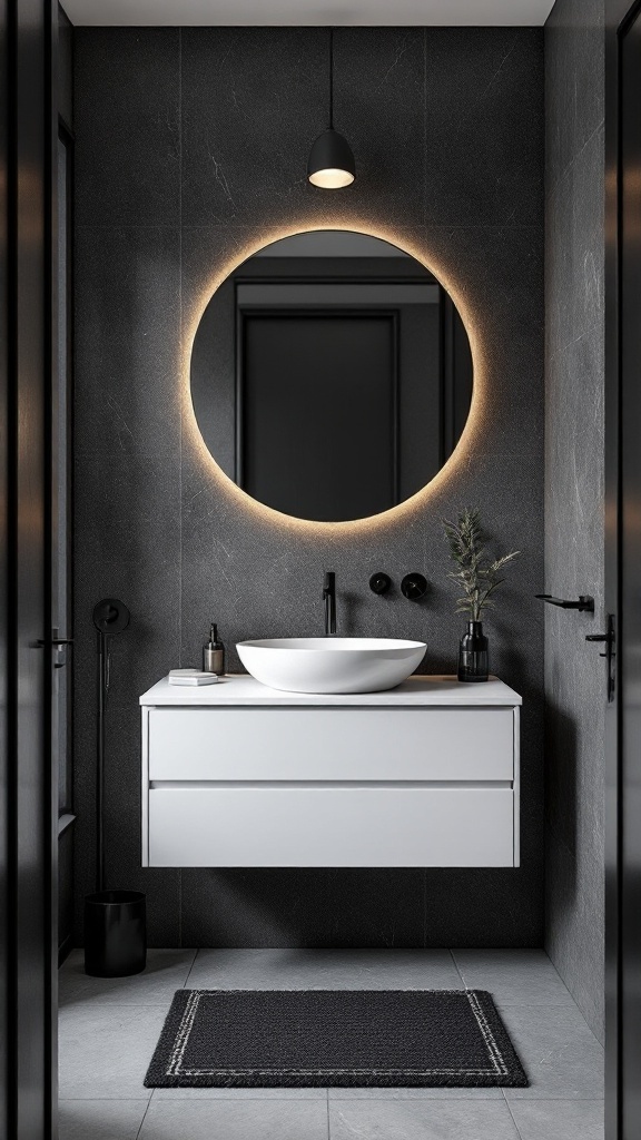 A modern black and white bathroom featuring a round illuminated mirror, a sleek white sink, and dark walls.