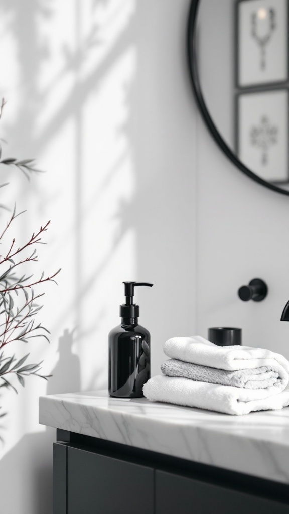 A black and white bathroom decor featuring a marble countertop with a black pump bottle and white towels.