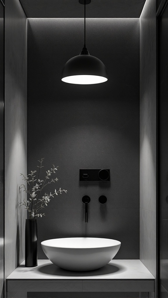 Modern black and white bathroom with pendant lighting and a white basin