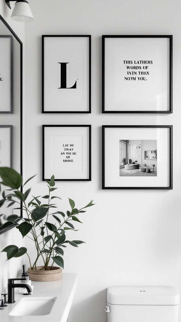 Elegant black and white artwork displayed in a stylish bathroom