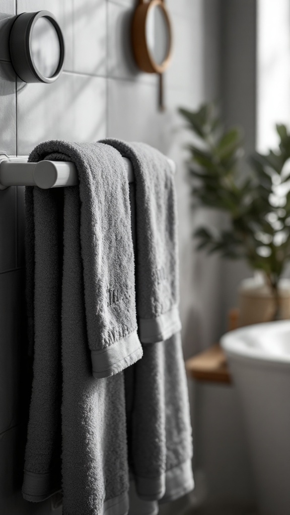 Gray towels hanging on a rack in a stylish bathroom setting.