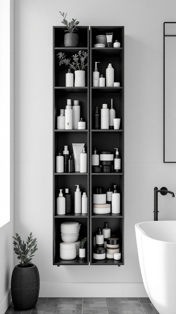 Sleek black shelving unit with various bathroom products and a potted plant next to a white bathtub