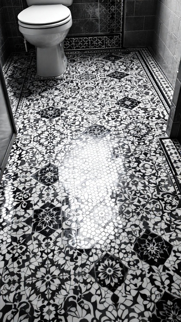 Black and white patterned tiles in a bathroom with a toilet