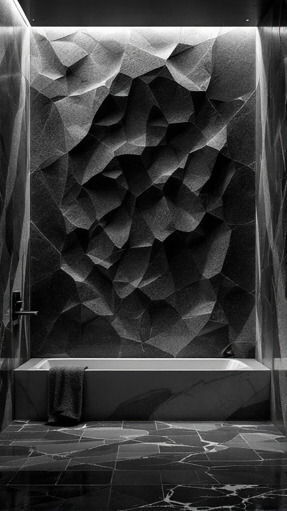 Textured black and white bathroom wall with a modern bathtub