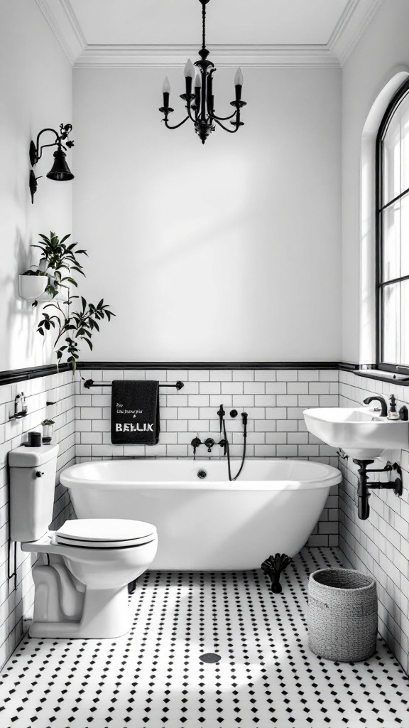 A vintage-inspired black and white bathroom featuring a clawfoot tub, patterned floor tiles, and elegant light fixtures.