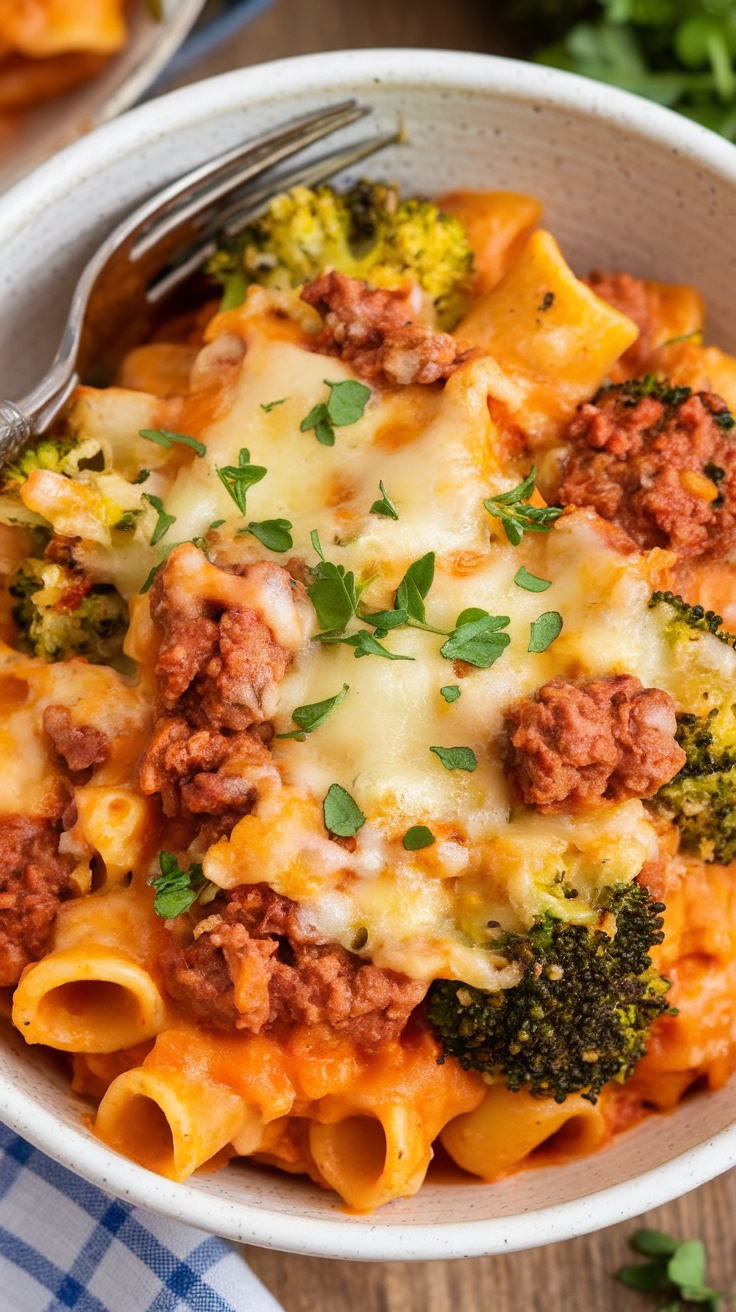 Cheesy sausage pasta with broccoli in a bowl topped with parsley.