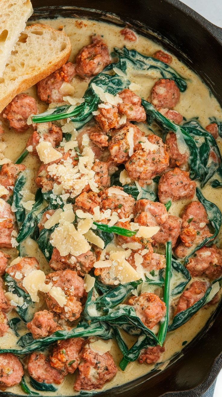 A creamy skillet dish with sausage and spinach