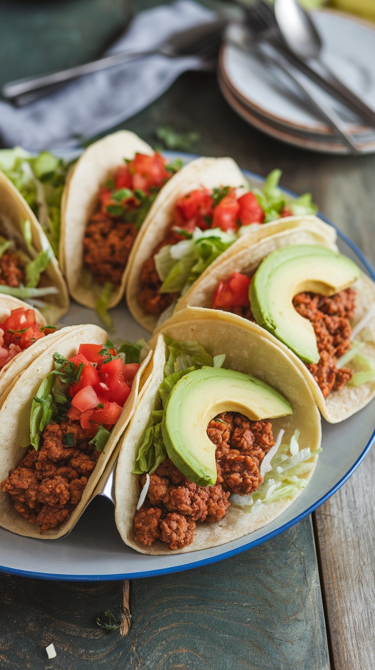 Delicious ground sausage tacos topped with lettuce, tomatoes, and avocado.