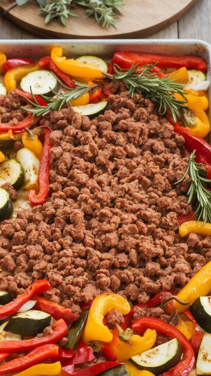 A colorful dish of ground sausage and assorted vegetables, ready to be served.