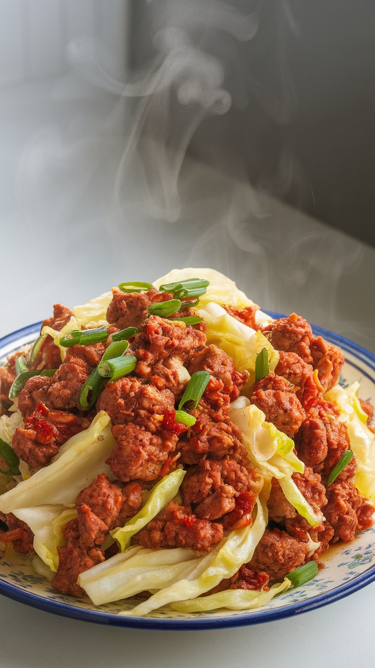 A colorful plate of sausage and cabbage stir-fry garnished with green onions.