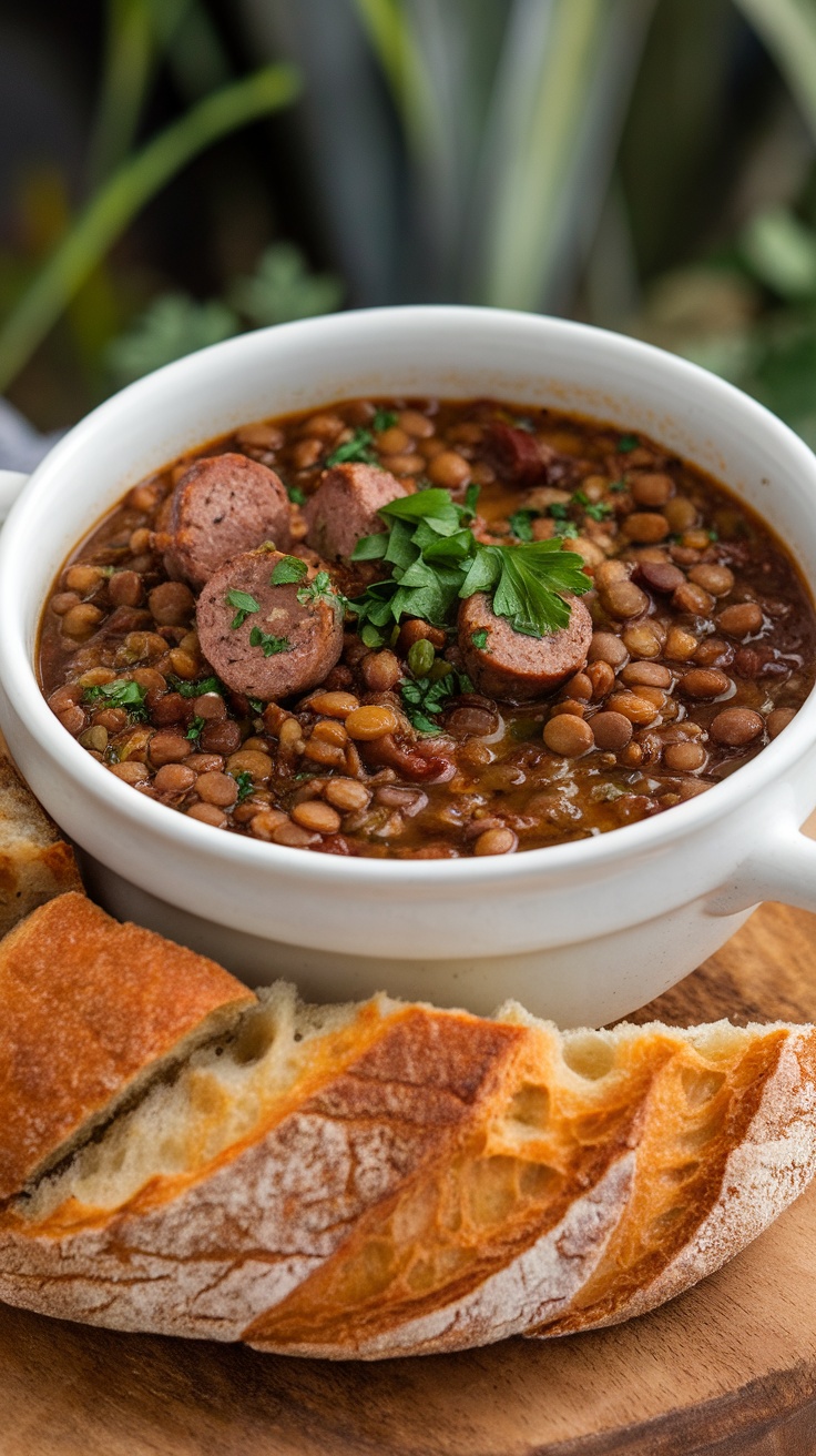 A bowl of hearty sausage and lentil soup with slices of bread on the side.