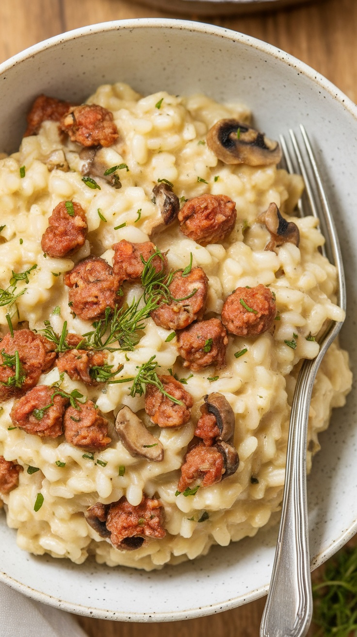 A bowl of sausage and mushroom risotto garnished with parsley.