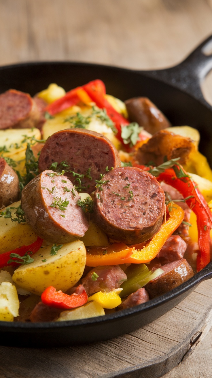 Sausage and Potato Hash in a skillet with colorful vegetables