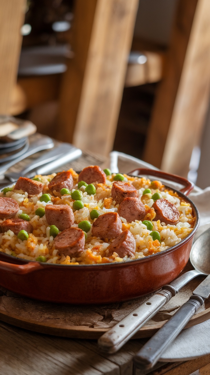 A delicious sausage and rice casserole with colorful vegetables topped with slices of sausage.