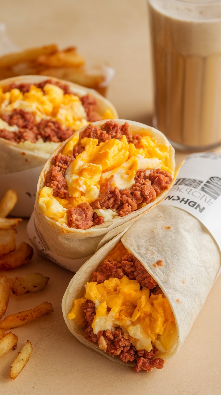 Sausage breakfast burritos with scrambled eggs and cheese.