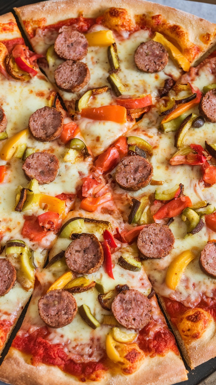 Delicious sausage pizza topped with colorful vegetables