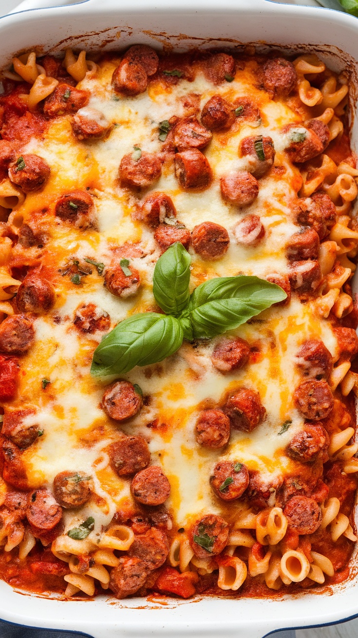 A delicious pasta bake topped with Italian sausage and melted cheese.