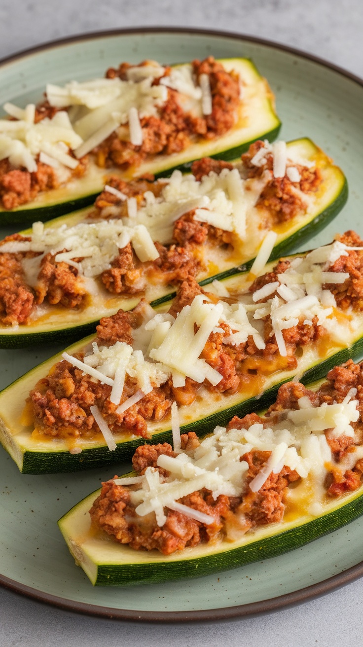 Stuffed zucchini boats filled with sausage and cheese