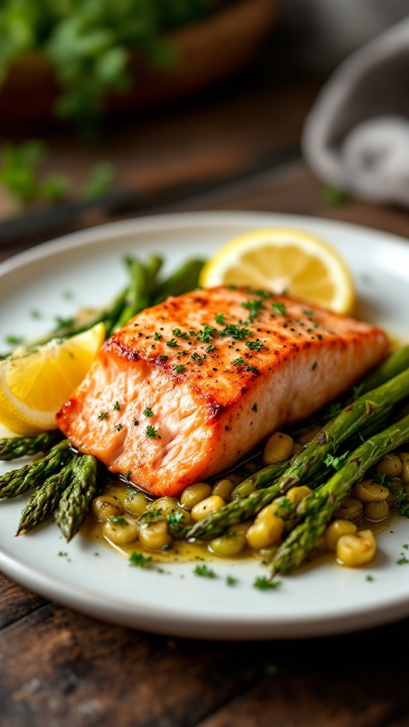 A plate of baked salmon fillet with asparagus and lemon slices.