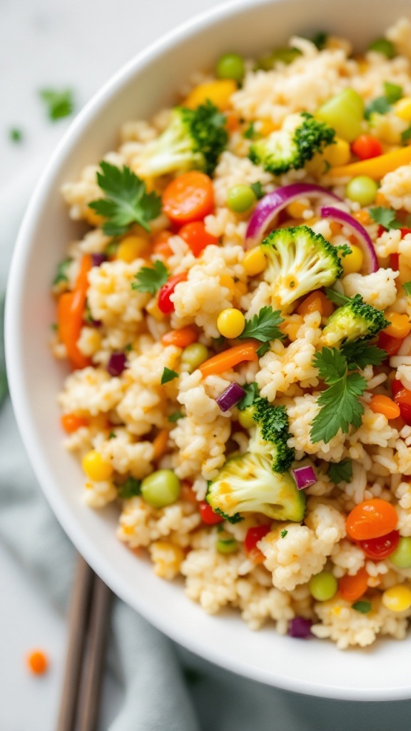 A colorful bowl of cauliflower rice stir-fry filled with mixed vegetables and garnished with cilantro.