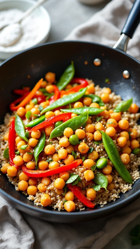 Chickpea stir-fry with colorful vegetables in a pan