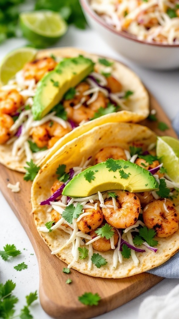 Cilantro Lime Shrimp Tacos with avocado slices and fresh cilantro