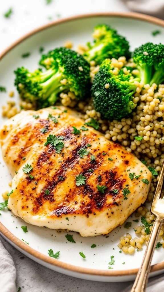 Plate of grilled chicken with broccoli and couscous