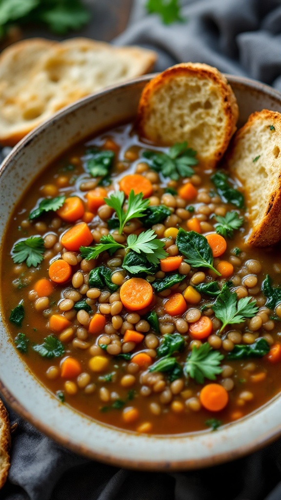 A bowl of lentil soup with spinach, garnished with fresh parsley and served with crusty bread.