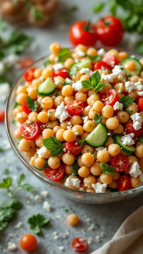 A colorful Mediterranean Chickpea Salad with chickpeas, cherry tomatoes, cucumber, feta cheese, and fresh herbs.