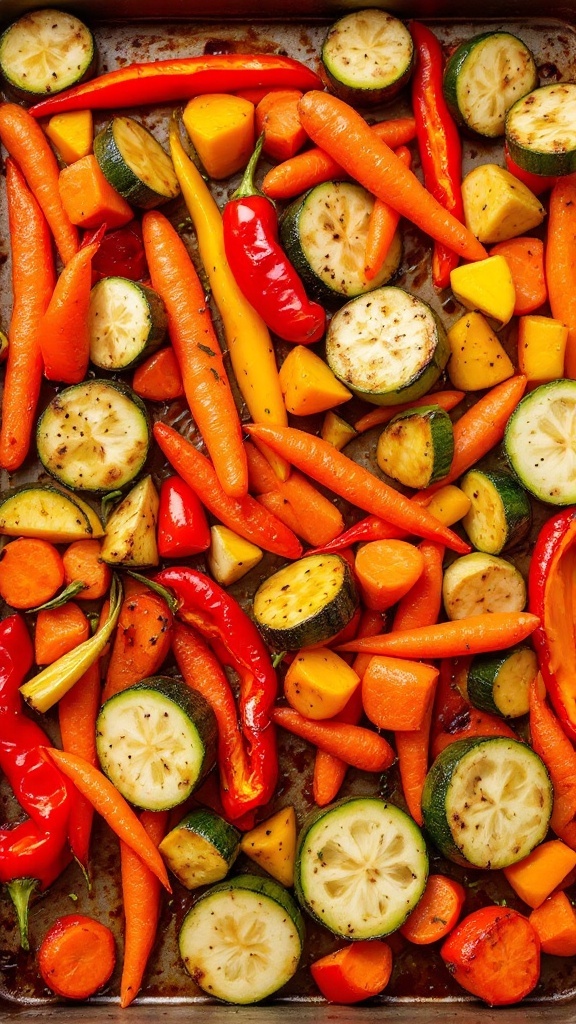 A colorful platter of oven-roasted vegetables including zucchini, carrots, and bell peppers