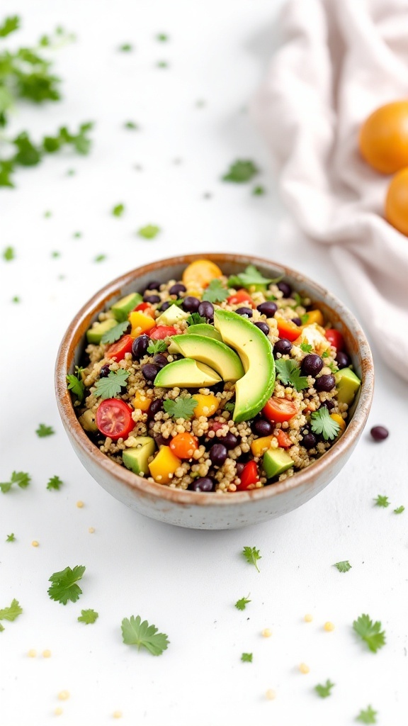 A bowl of quinoa and black bean salad topped with avocado and fresh herbs.