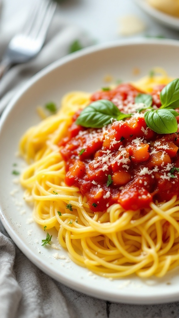 A dish of spaghetti squash topped with marinara sauce and basil