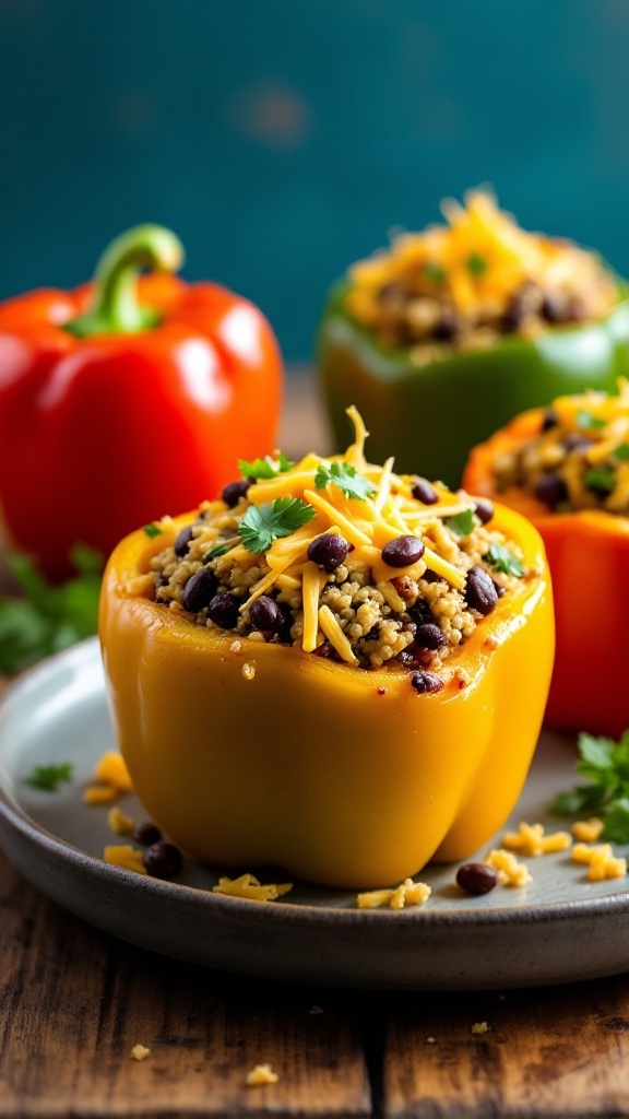 Stuffed bell peppers filled with quinoa, black beans, and cheese on a plate