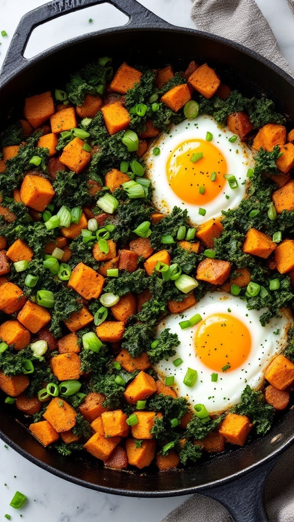 A hearty dish of sweet potato and kale hash topped with eggs and green onions