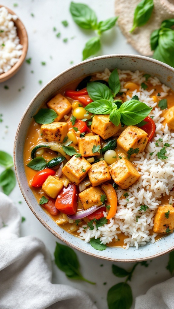 Bowl of Thai Coconut Curry with Tofu served with rice and fresh basil.