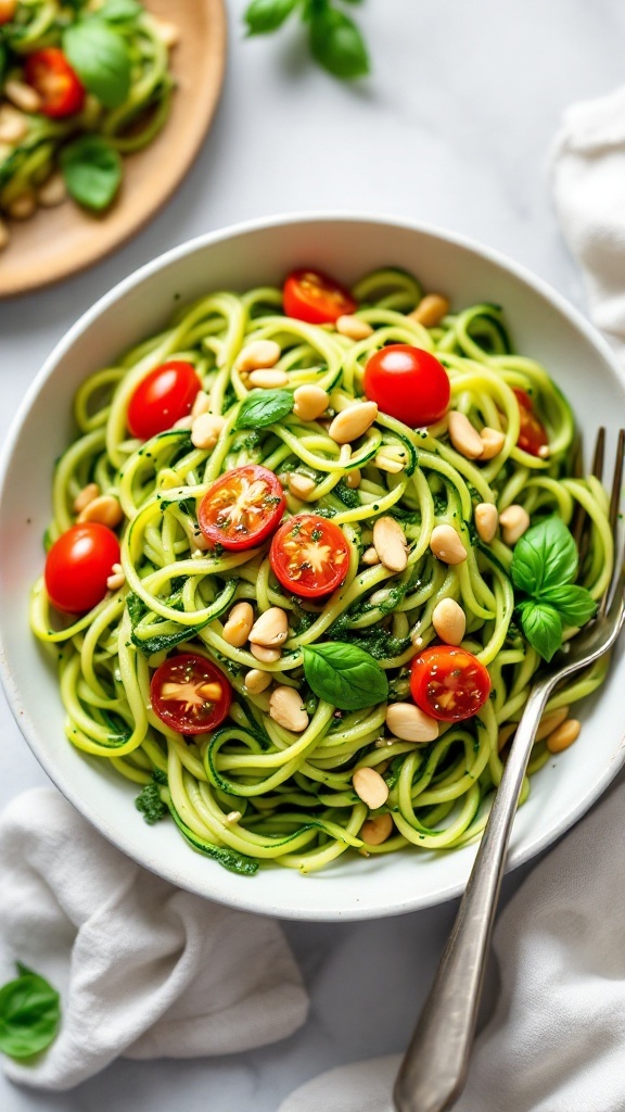 A bowl of zucchini noodles with pesto, topped with cherry tomatoes and pine nuts.